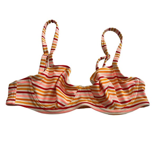 AERIE BIKINI TOP SMALL RED ORANGE CORAL WHITE STRIPED UNDERWIRE DEMI SWIM SUIT - Picture 1 of 6